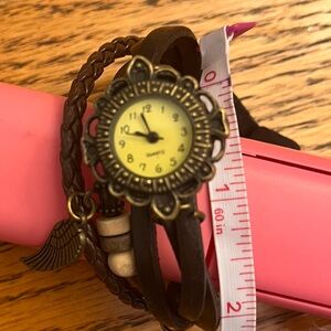 Steampunk renaissance festival medieval style wrist Watch wood and feather